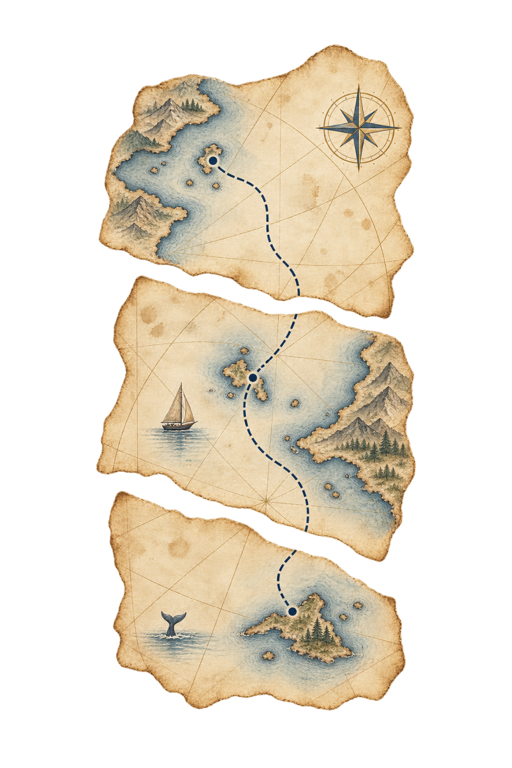 Antique nautical map fragments connected by a route line, representing how breeding information comes together.