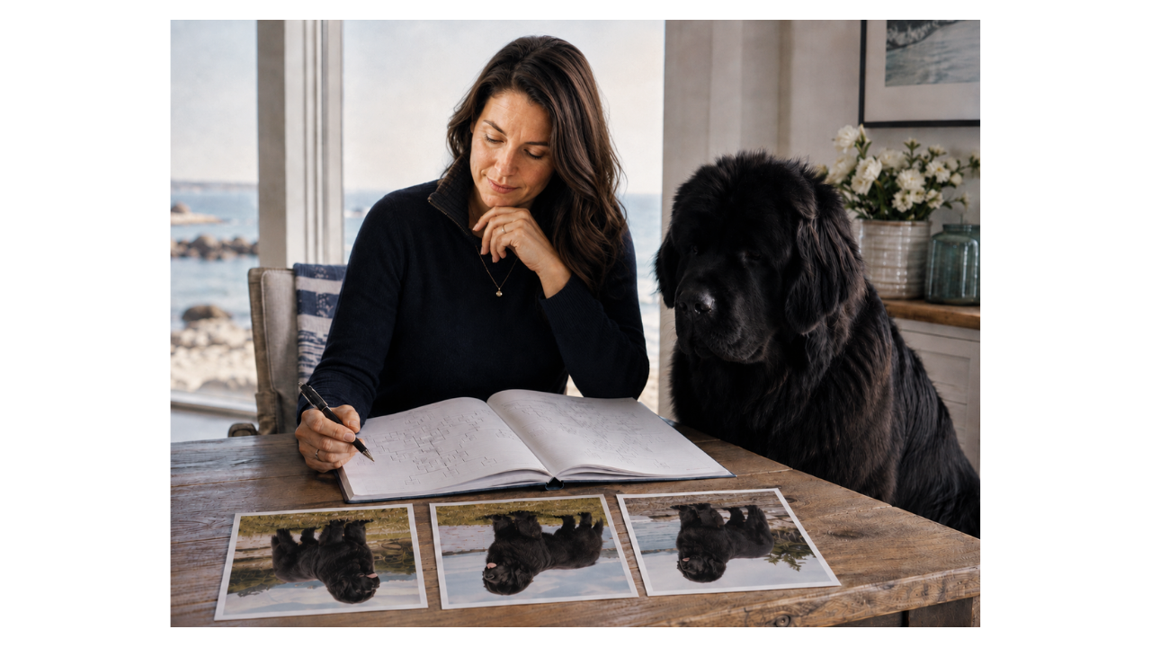 Woman reviewing a dog pedigree chart beside a black Newfoundland during a breeding consultation.